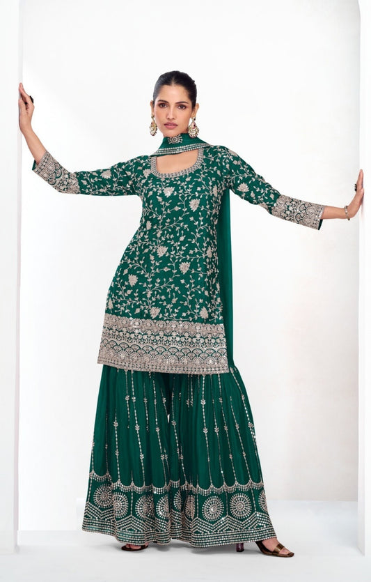 Women Green Chinon Silk Sharara Suit Set