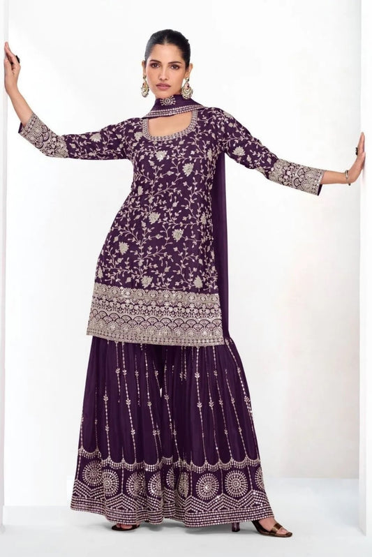 Women Purple Chinon Silk Sharara Suit Set