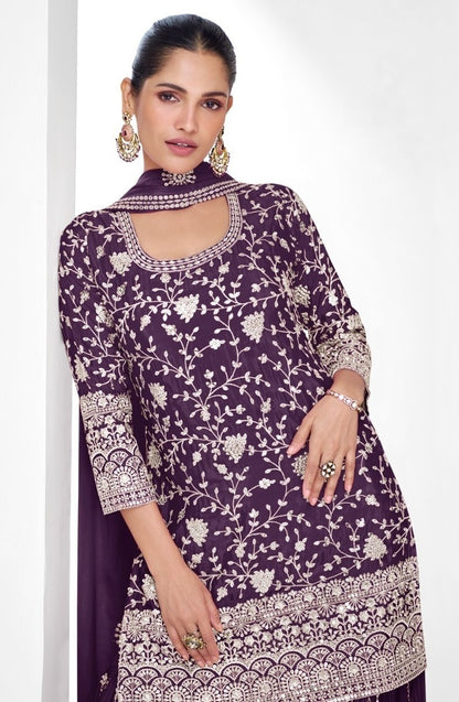 Women Purple Chinon Silk Sharara Suit Set