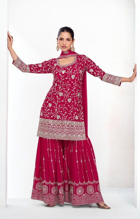 Women Pink Chinon Silk Sharara Suit Set