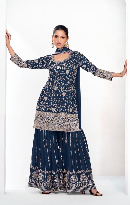 Women Navy Blue Chinon Silk Sharara Suit Set