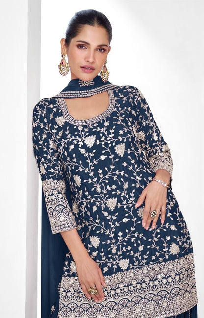 Women Navy Blue Chinon Silk Sharara Suit Set