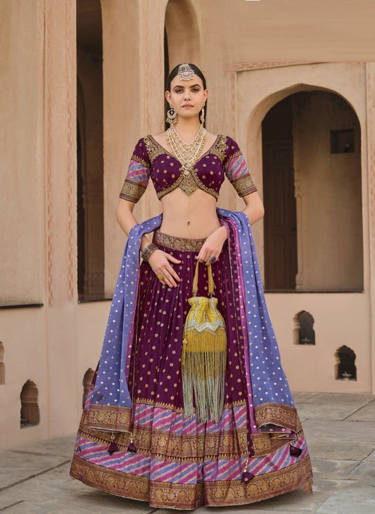 Traditional Foil Printed Burgundy Silk Lehenga Set