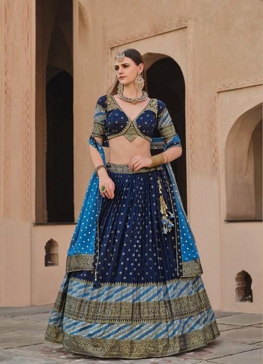 Royal Dark Blue Silk Foil Printed Lehenga Set