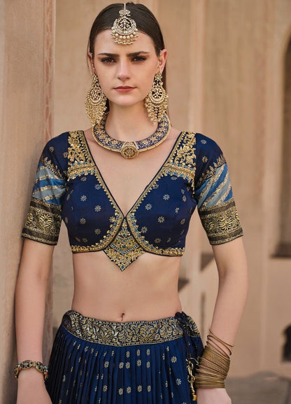 Royal Dark Blue Silk Foil Printed Lehenga Set