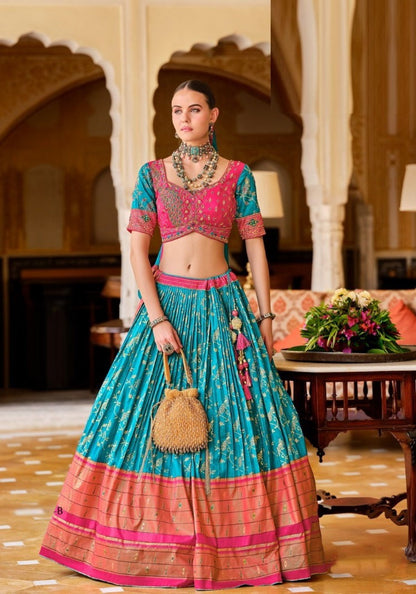 Elegant Blue And Pink Foil Printed Lehenga Set