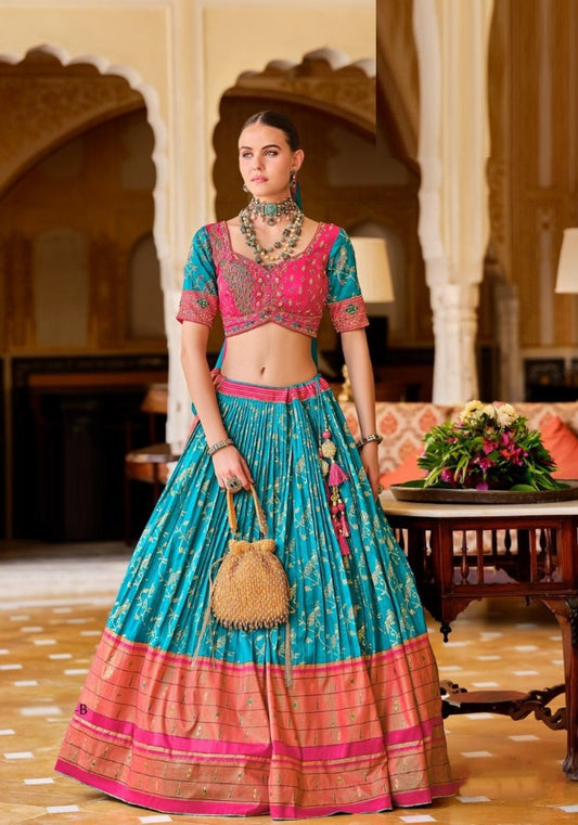 Elegant Blue And Pink Foil Printed Lehenga Set