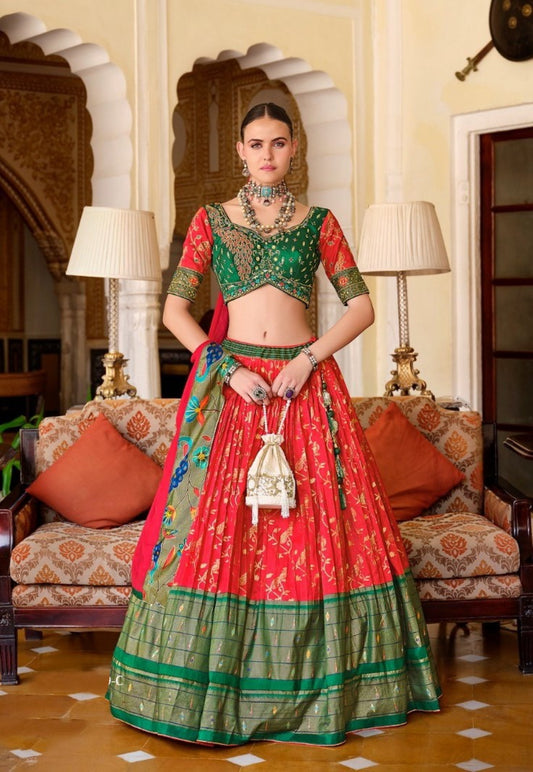 Fancy Pink And Green Silk Lehenga Set