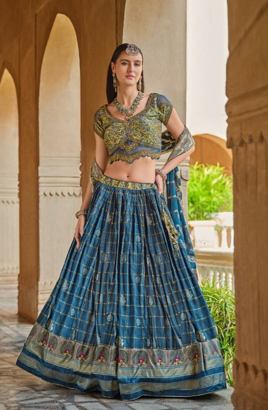 Foil Printed Teal Silk Lehenga Set