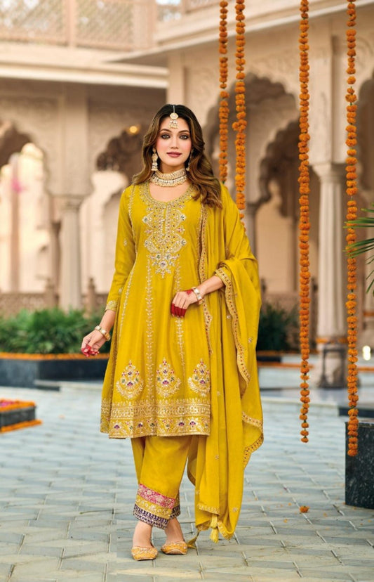 Designer Mustard Chinon Three Piece Suit Set