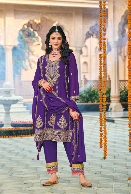 Women Purple Chinon Three Piece Suit Set