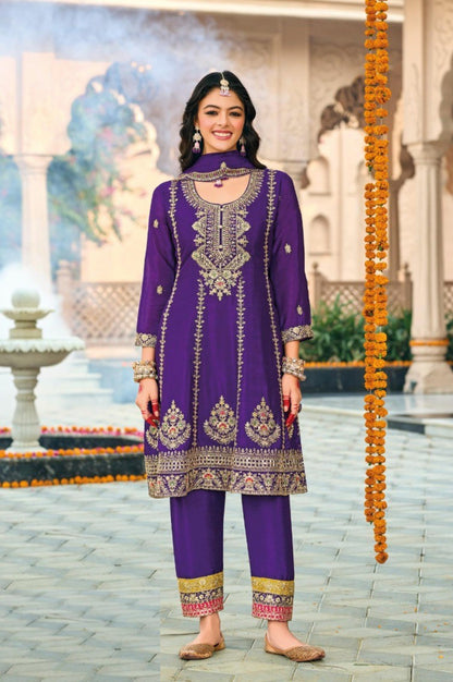 Women Purple Chinon Three Piece Suit Set