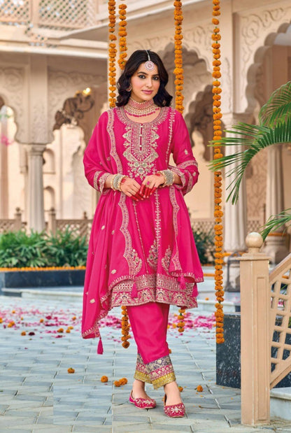 Women Pink Chinon Three Piece Suit Set