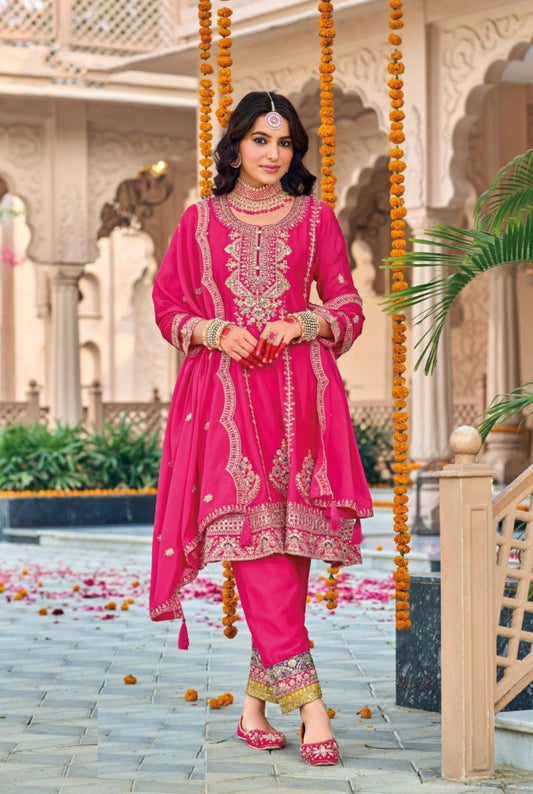 Women Pink Chinon Three Piece Suit Set