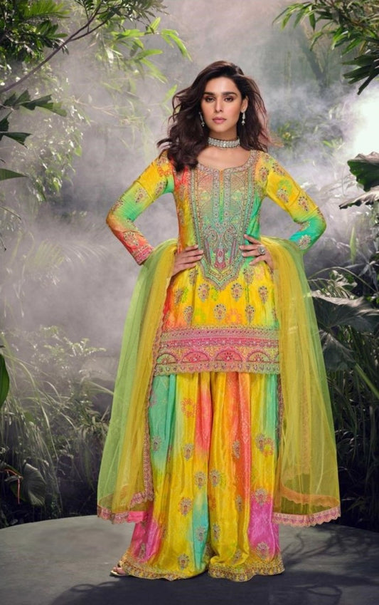 Multicolor Chinon Silk Sharara Set With Dupatta