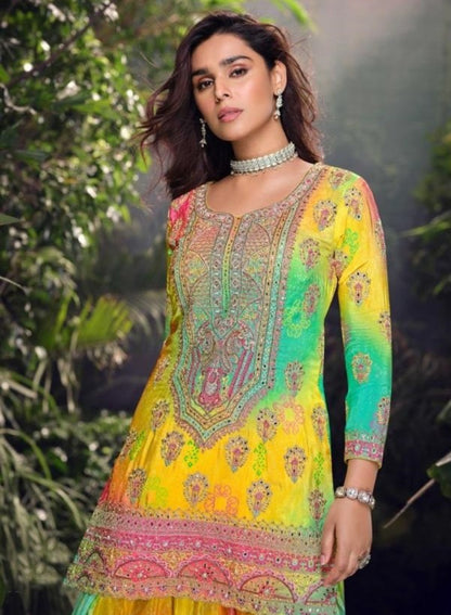 Multicolor Chinon Silk Sharara Set With Dupatta