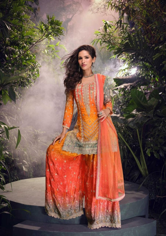 Orange And Coral Chinon Silk Sharara Set With Dupatta