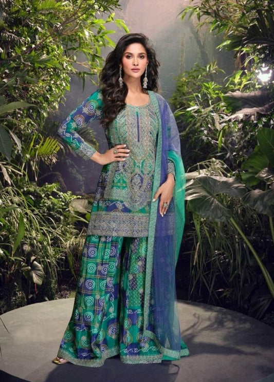 Green And Blue Chinon Silk Sharara Set With Dupatta