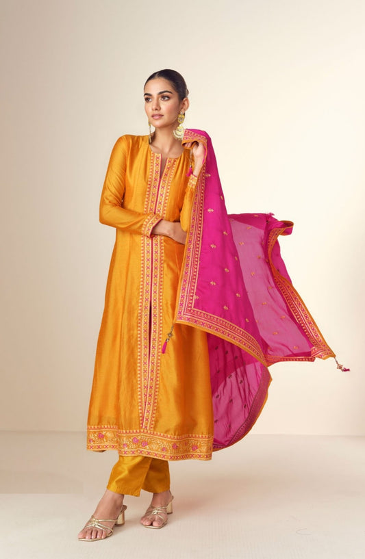 Women Orange Silk Front Slit Salwar Suit Set
