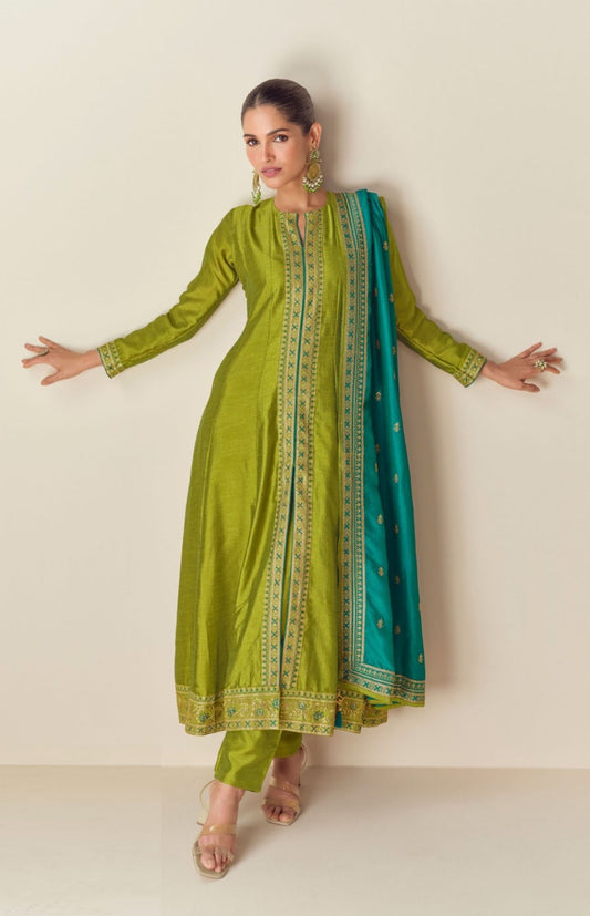 Women Green Silk Front Slit Salwar Suit Set