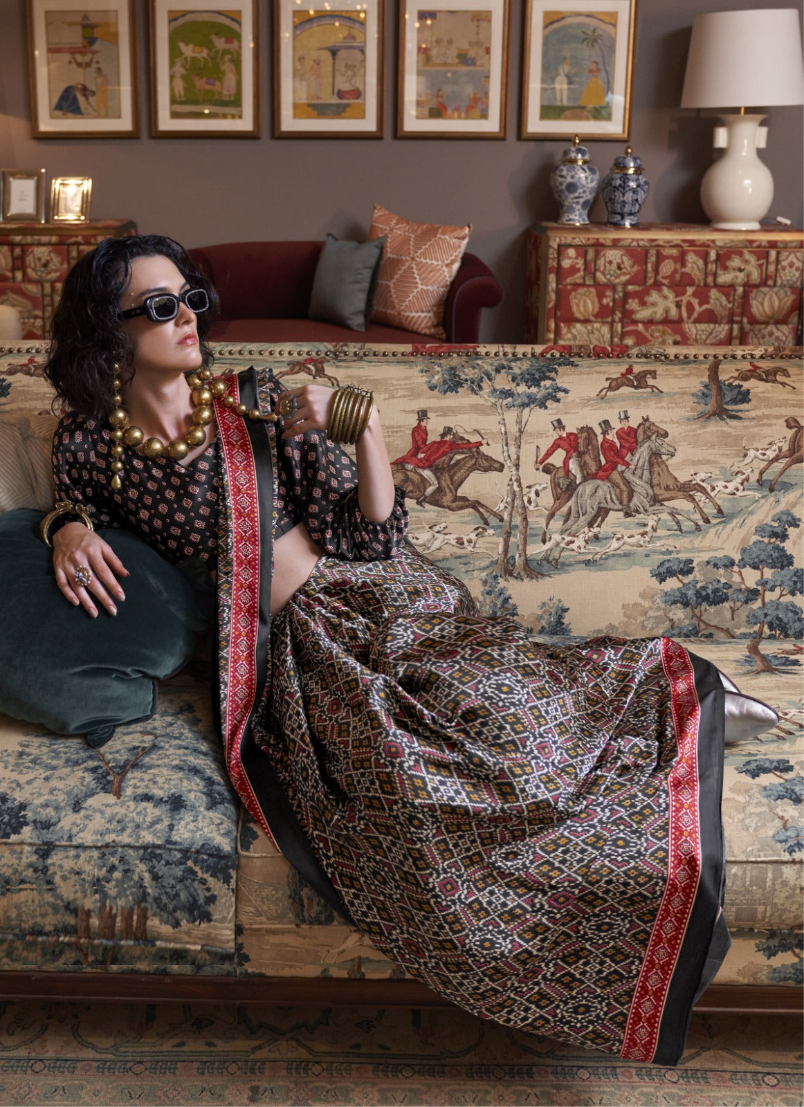 Lustrous Black Satin Crape Carnival Saree