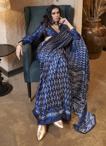 Beautiful Navy Blue Satin Crape Carnival Saree