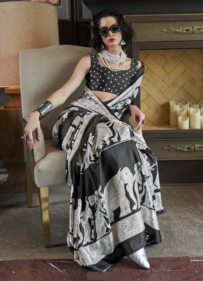 Fantastic Black And White Satin Crape Carnival Saree