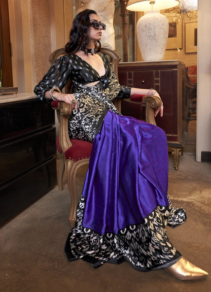 Stunnig Black And Blue Satin Crape Carnival Saree
