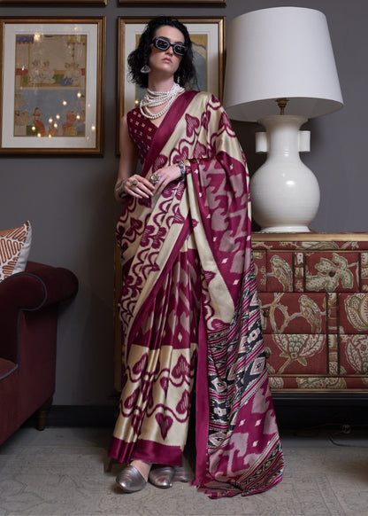 Exquisit Burgundy And Cream Satin Crape Carnival Saree