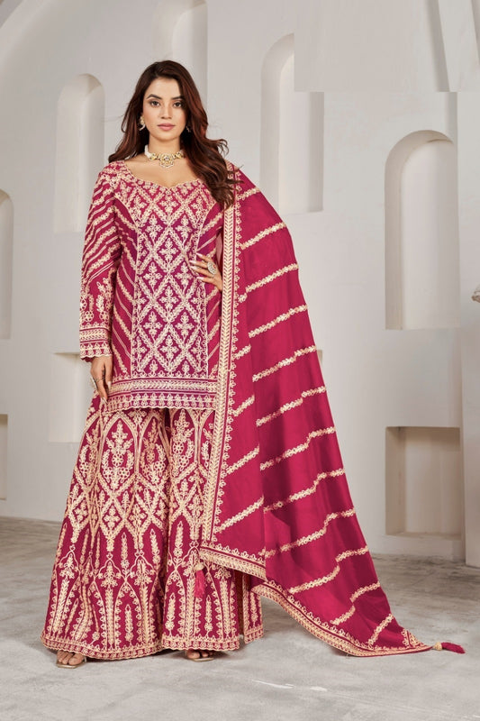 The Festive Pink Top Palazzo And Dupatta Suit Set