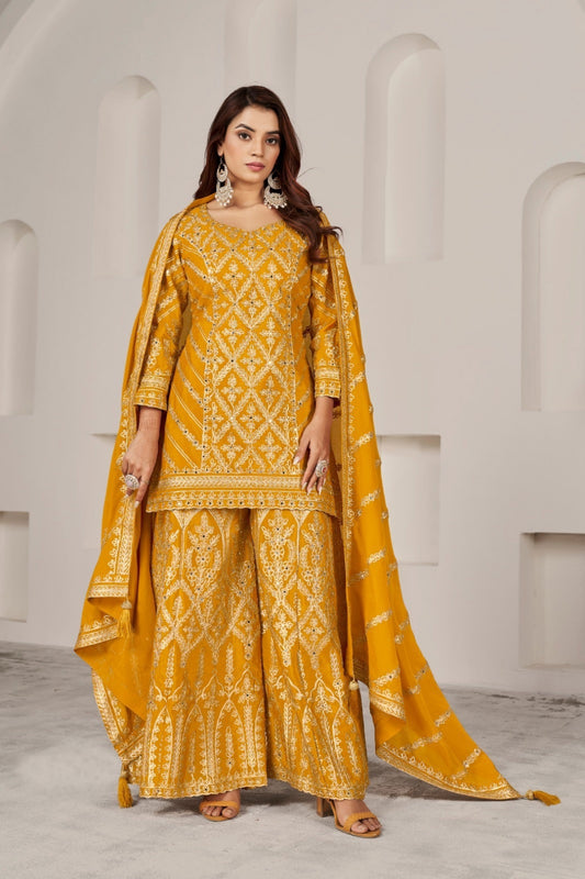 Mustard Gotakari And Hand Mirror Work Palazzo Suit Set