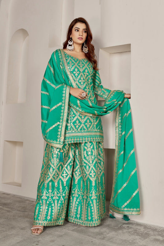 Sea Green Chinnon Palazzo Suit Set