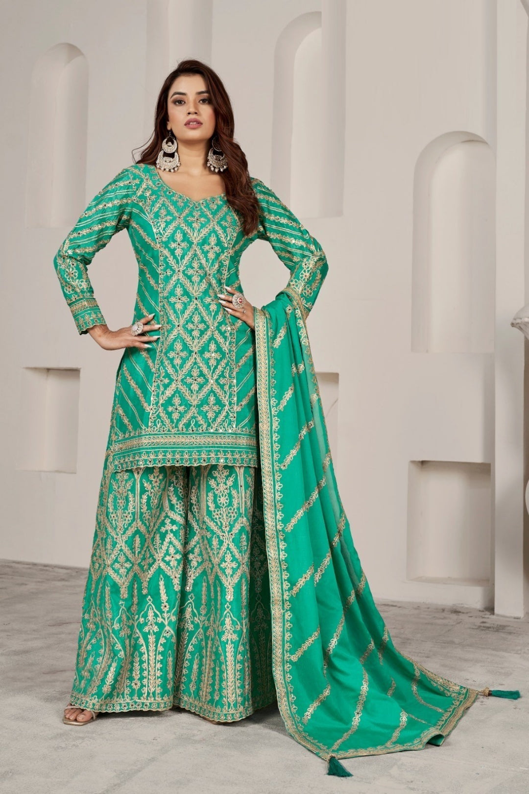 Sea Green Chinnon Palazzo Suit Set