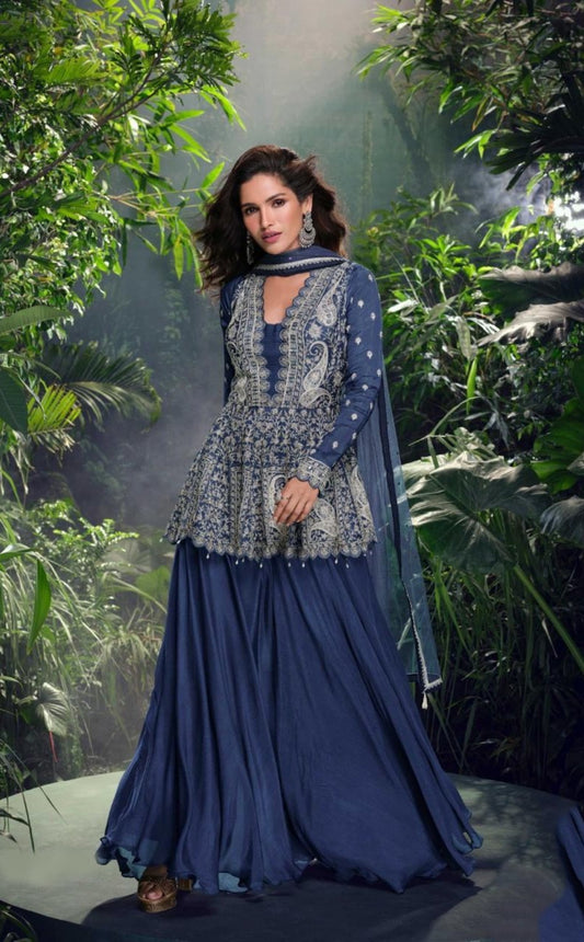 Fancy Blue Three Piece Gharara Set With Embroidery Work