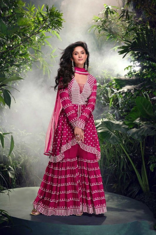 Pink Three Piece Gharara Set With Embroidery Work