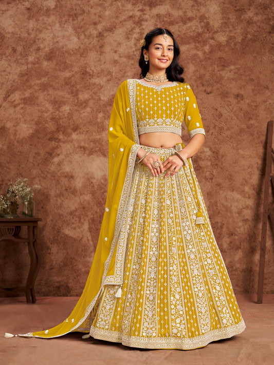 Georgette Lehenga Mustard Color With Thread Sequins Work