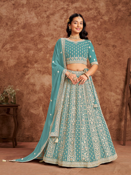 Thread Sequins Work Sky Blue Georgette Lehenga Choli Dupatta