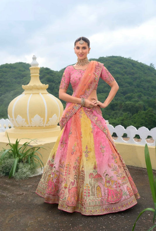 Pink And Yellow Silk Bridal Lehenga With Embroidery Work