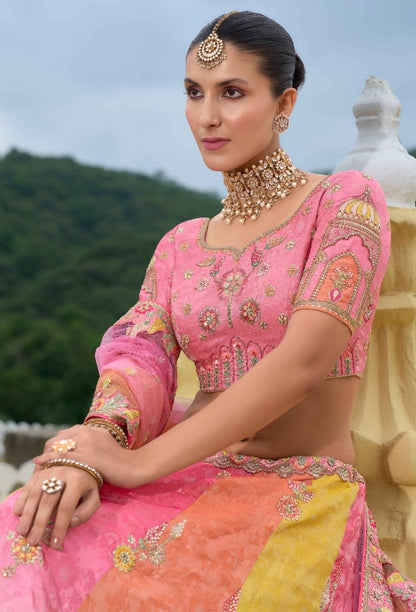 Pink And Yellow Silk Bridal Lehenga With Embroidery Work