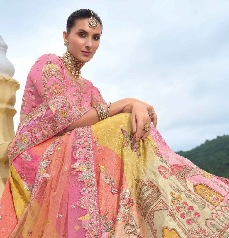 Pink And Yellow Silk Bridal Lehenga With Embroidery Work