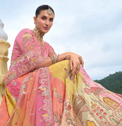 Pink And Yellow Silk Bridal Lehenga With Embroidery Work