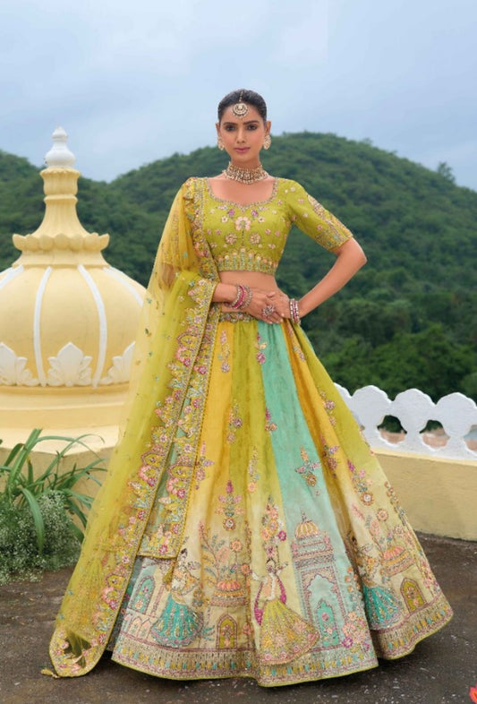 Embroidery Work Green And Blue Silk Bridal Lehenga