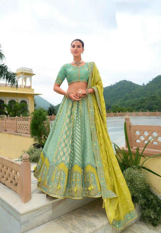 Sea Blue And Green Silk Bridal Lehenga With Embroidery Work