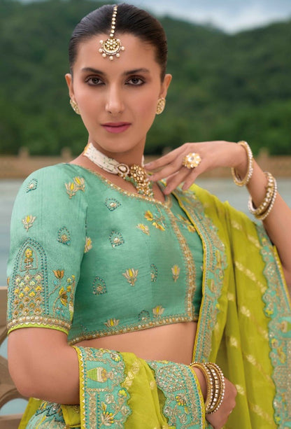 Sea Blue And Green Silk Bridal Lehenga With Embroidery Work