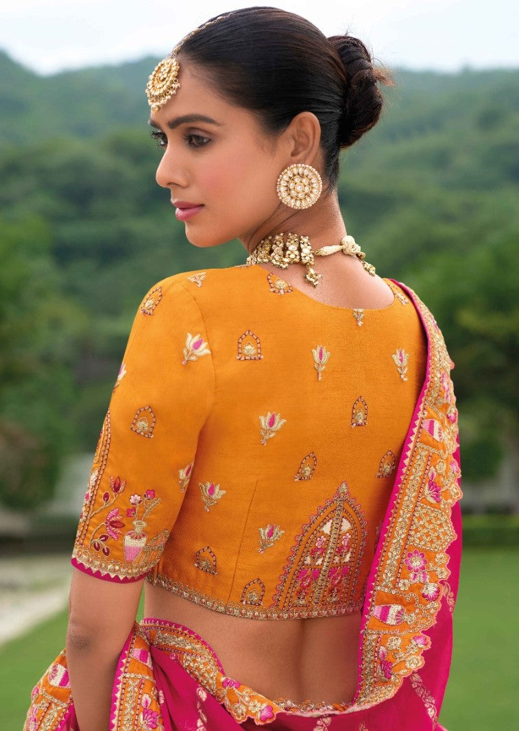 Designer Orange And Pink Silk Bridal Lehenga With Embroidery Work