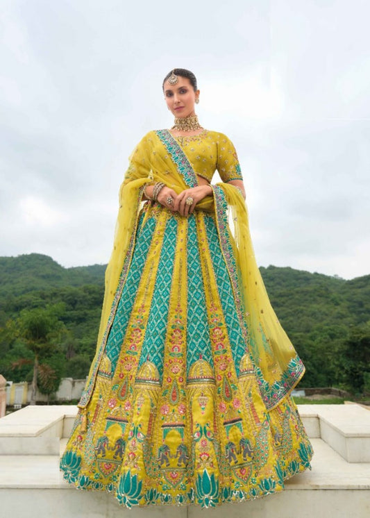 Women Yellow And Blue Silk Bridal Lehenga With Embroidery Work