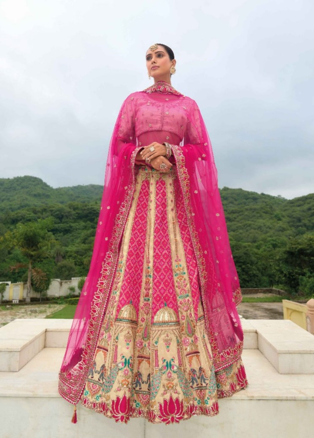 Silk Bridal Lehenga Pink And Off White With Embroidery Work
