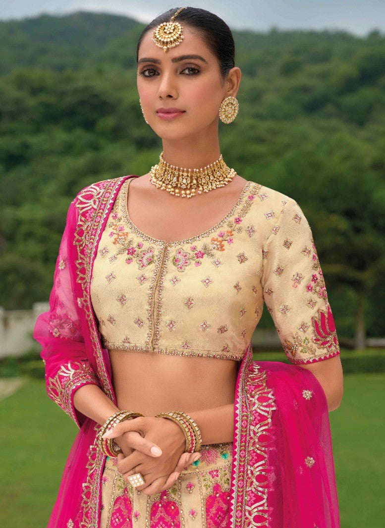 Silk Bridal Lehenga Pink And Off White With Embroidery Work