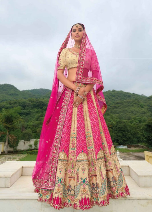 Silk Bridal Lehenga Pink And Off White With Embroidery Work