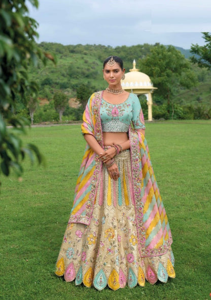 Glamour Off White And Blue Silk Bridal Lehenga Set